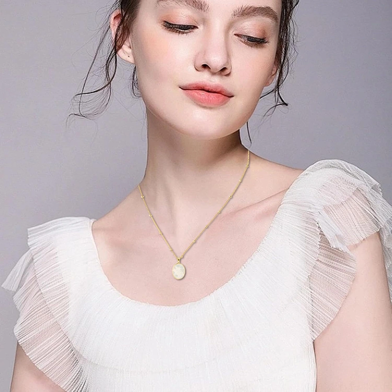 Xindoker Mikro Takımsı 18k Altın Kaplama, Doğal Beyaz Perl Taşlı 45cm Bakır Zincirli Elips Kolyeler, Korumalı Ve Şanlı Simge Gold