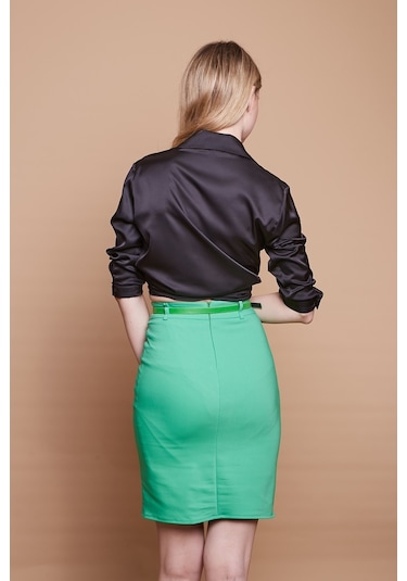 Astarlı Yüksek Bel Önden Yırtmaçlı Deri Kemerli Pamuklu Hafif Likralı Kumaş Kalem Etek Kemer Dahil -b.yeşil - B.yeşili Benetton Yeşil