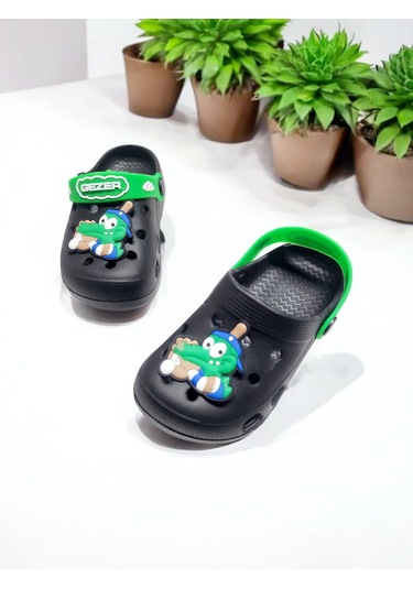 Çocuk Kemerli Yeşil Hayvan Sticker Detaylı Deniz,plaj,havuz Sandalet Terliği