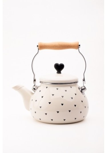 Black Cupid Emaye Siyah Kalp Desenli Vintage Kettle - 2 Litre