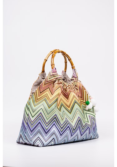 Fabric Craft Bag El Çantası Bambu Saplı Zigzag Desenli Duck Kumaş Çok Renkli