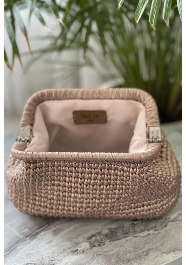 El Yapımı Rose Rengi Metalik Deri Örgü El Çantası Rose