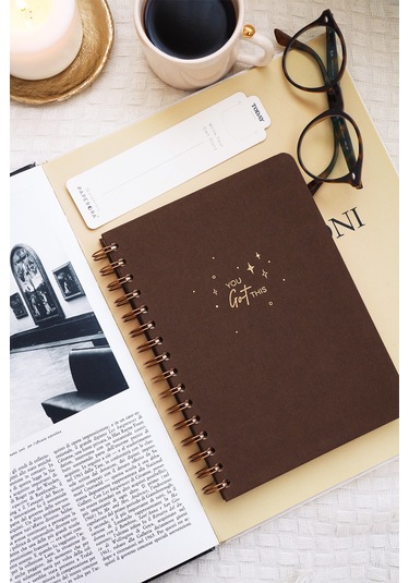 A5 Spiralli Sert Kapak Keten Düz Çizgisiz Tarihsiz Not Defteri Kahverengi Kahverengi