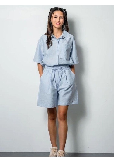 Kız Çocuk Yarım Kollu Gömlek Poplin Şortlu Takım-15809 Mavi