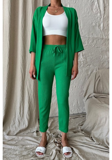 Modagen Kadın Yeşil Kimono Alt Üst Havuç Pantolon Takım Yeşil