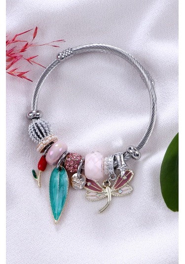 Bhs Life Kadın Charmlı Yapraklı Kelebek Figürlü Çelik Bileklik Beyaz
