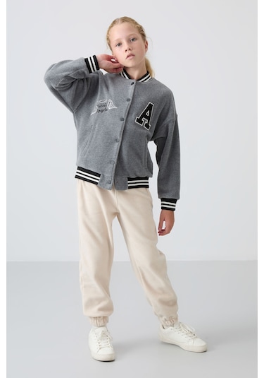 Tommy Life Gri Melanj Kalın Yumuşak Dokulu Standart Fit Nakışlı Polar Kız Çocuk Kolej Ceket - 75156 Gri Melanj