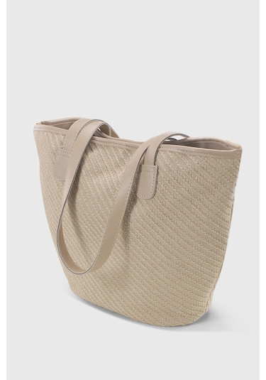 Housebags Doğal Hasır Krem Deri Askılı Plaj Çantası Hasır Krem