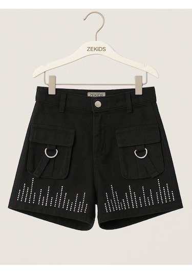 Kız Çocuk Taş İşlemeli Şort-15977 Siyah