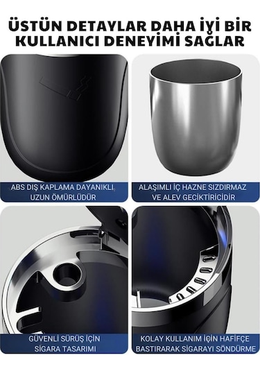 Coofbe Premium Car Ashtray Led Işıklı Taşınabilir Kapaklı Araba Küllük Kül Tablası Yıkanabilir Küllük