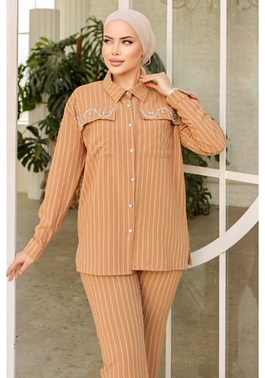 Taşlı Keten Tunik Pantolon İkili Takım 834 - Vizon Vizon