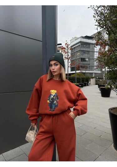 Reka Moda Bisiklet Yaka Üç İplik Sweat Takım - Kiremit Kiremit