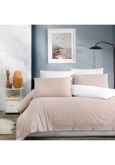 Çift Kişilik %100 Pamuk Ranforce Düğmeli Nevresim Takımı Lastikli Çarşaflı 200x220 Cm Bej Bej