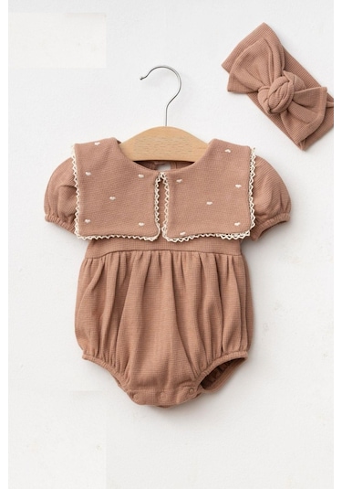 Kız Bebek Maita Kalp Nakışlı Waffle Yazlık Tulum Kahverengi