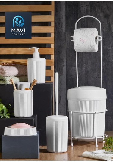 6 Parça Banyo Seti Çöp Kovalı Tuvalet Kağıtlığı-tuvalet Fırçası-sıvı Ve Katı Sabunluk-diş Fırçalık Beyaz
