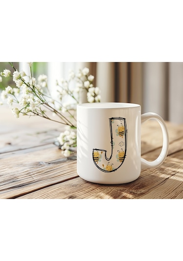 J Harfi Arı Desenli Kupa - Sevimli Hayvan Temalı Kişiye Özel Kahve Kupası - Şans Kupası Beyaz