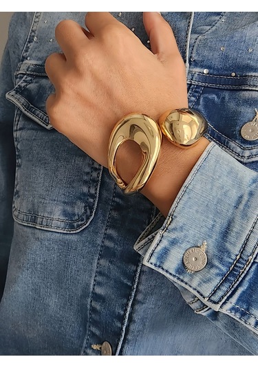 Eva Takı Store Asimetrik Damla Kalın Model Gold Çelik Kelepçe Gold