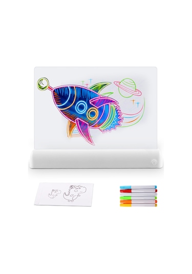 Samdoo Led Işıklı 3d Çizim Tahtası - 11 Renk Efekti, Akıllı Oyun, 6 Fosforlu Kalem, 5 Şablon, Silgi - Beyaz Abs+akrilik Beyaz