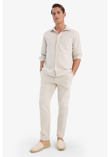 DeFacto %100 Pamuk Keten Görünümlü Pantolon Beli Lastikli Slim Fit Dar Kesim Cepli Düz Paça D2671AX25SMBG74