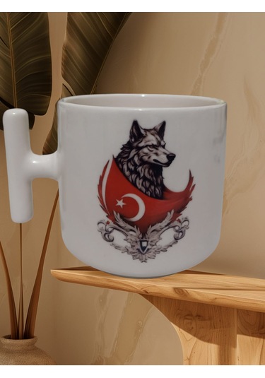 Ay Yıldız Kurt Çift Taraf Baskılı T Kupa Bardak Krem T