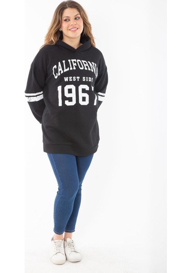 Kadın Büyük Beden Haki İçi Şardonlu Üç İplik Kapşonlu Sweatshirt 65n37290-siyah Siyah