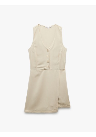 Koton V Yaka Kolsuz Düğmeli Keten Karışımlı Mini Tulum Bej 5sal40031ıw Ekru