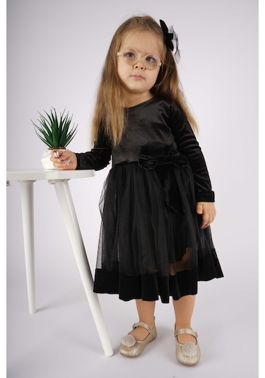 Kız Çocuk Yılbaşı Temalı Fiyonklu Eteği Tül Uzun Kol Elbise Siyah