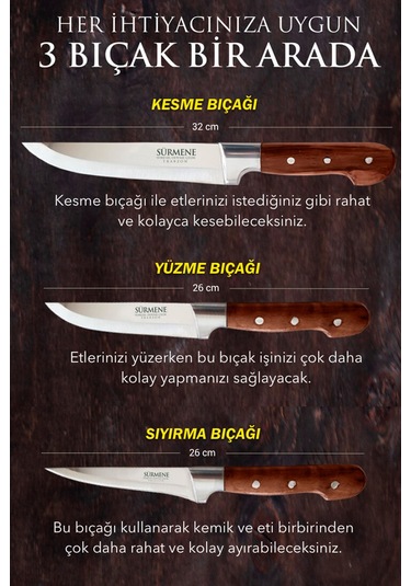 Lazoğlu Sürmene Keskin Kurban Kasap ve Mutfak Bıçak Seti 3'lü Set