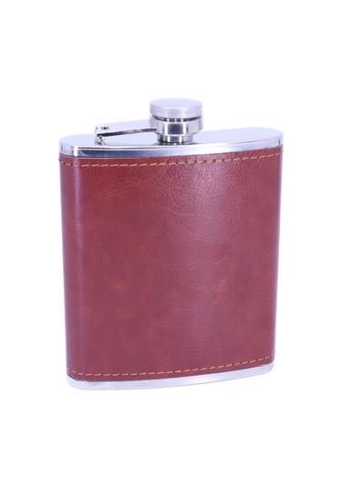 Kahverengi Deri Kaplama Paslanmaz Çelik Cep Matarası - Hip Flask 7 Oz
