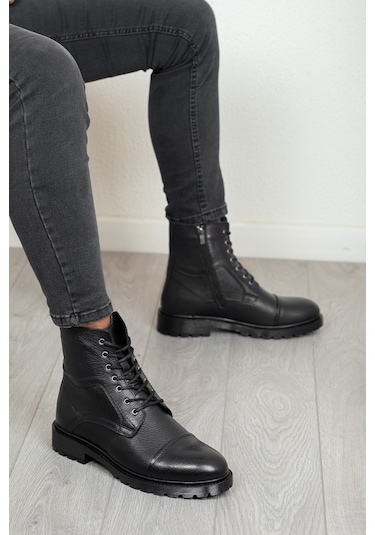 D402 Hakiki Deri Soğuk Geçirmez Kışlık Erkek Bot Kauçuk Taban Siyah