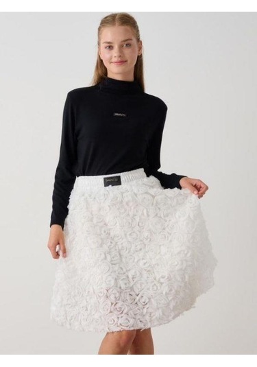 Kız Çocuk Beli Lastikli Gül Desenli Etek-14787 Ekru