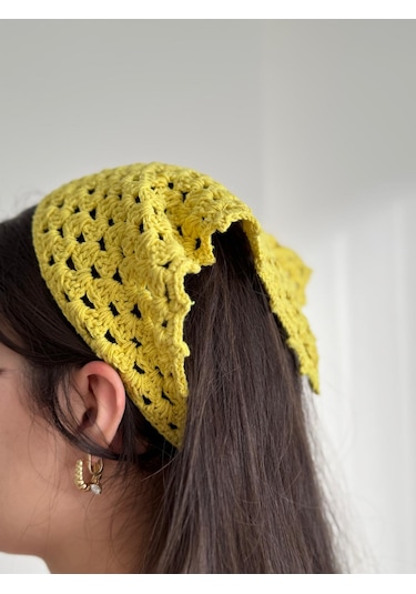 Kadın El Örgüsü Üçgen Bandana Saç Aksesuarı Sarı