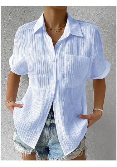 Kadın Cep Gömleği Düz Renk Günlük Yaka Gömleği Dikey Çizgili Üst Gökyüzü Mavisi