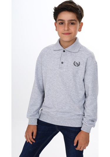 Toontoy Erkek Çocuk Polo Yaka Tnty Baskılı Sweatshirt Gri Melanj