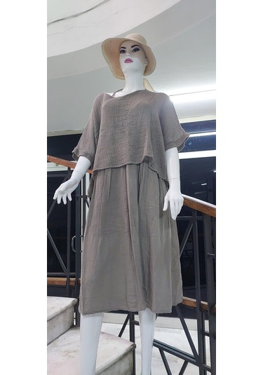 İtalyan Müslin Keteni Üstü File Bluzlu Astarlı Tek Parça Elbise Vizon