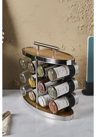 Ahşap Döner Standlı Oval Cam Metal Kapaklı Casa Wood 12 Li Standlı Baharatlık Düzenleyici Ahşap - Gri