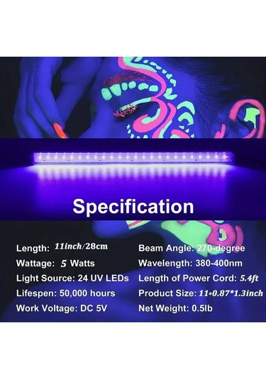 Gajeena Usb Led Uv Işık 380-400nm 270 Derece Aydınlatma - Bar Sahne Efekti Ve Floresan Ajan Tespiti, 5w Taşınabilir 1 Adet Siyah
