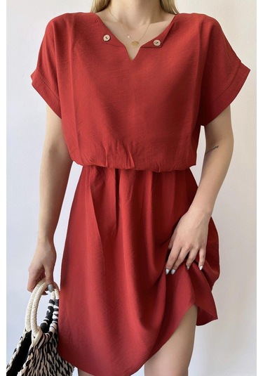 Kadın Mercan Kısa Kol, Kalp Yaka, Dokulu Desen, Bele Oturan, Aerobin Lastikli Bel Midi Elbise Mercan