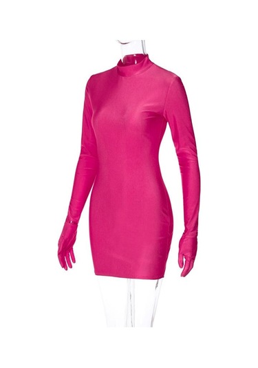 Eldivenli Uzun Kollu Katı Mini Elbise Vücuda Oturan Seksi Sokak Partisi Yarım Yaka Kıyafetler Y2k Giyim Toptan Gül Pembe