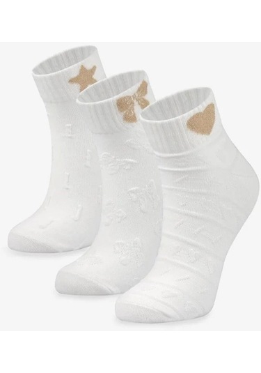 Bolero 3'lü Simli Nakışlı Kısa Çorap Beyaz