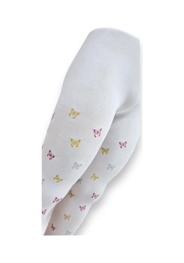 Kelebekli Simli Çocuk Külotlu Çorap - Dore St08584 Beyaz