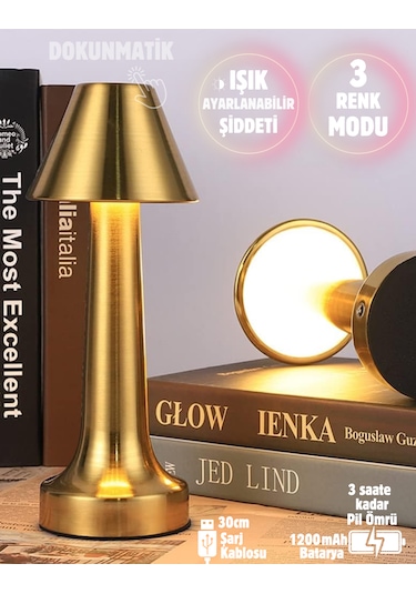 Işık Ayarlı Dokunmatik Mantar Masa Lambası Metal 3 Işık Renkli Şarjlı Masa Lambası Gold Altın