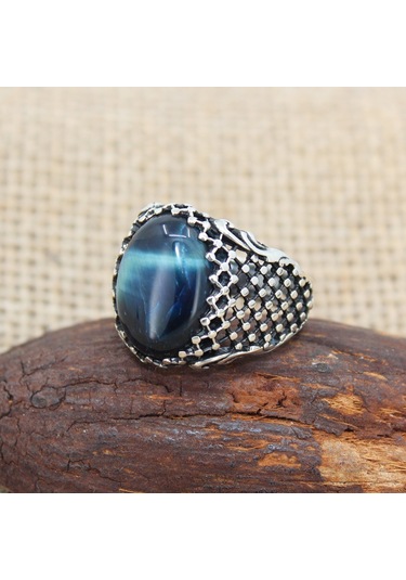 Mavi Kaplangözü Taşlı 925 Ayar Gümüş Şık Erkek Yüzüğü Gümüş