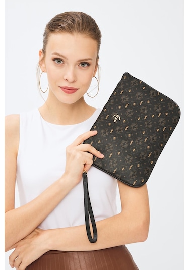 Deri Company Kadın Basic Clutch Çanta Monogram Desenli Siyah Taba 214002 Siyah