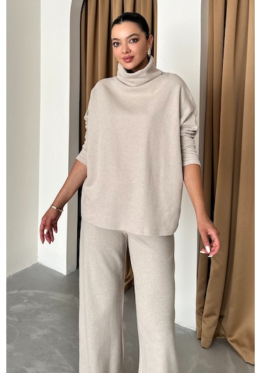 Modagen Kadın Selanik Kumaş Balıkçı Yaka Alt Üst Takım Bej