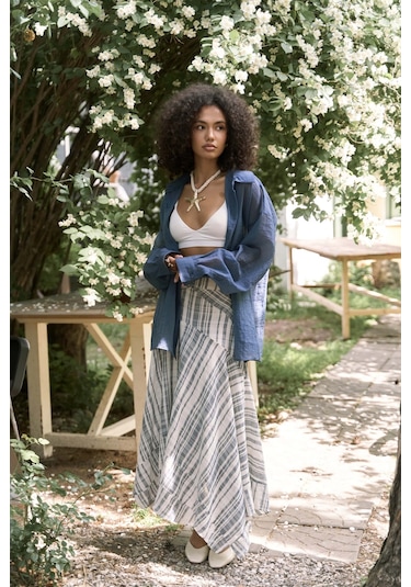 Peigi Çizgili Parçalı İndigo Midi Etek İndigo