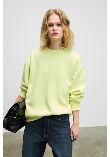 KARIUS Kadın Organik Pamuklu İçi Polarlı Oversize Yuvarlak Yakalı Sarı Sweatshirt