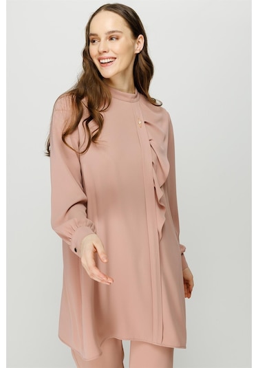 Volan Detaylı Pantolon Tunik Takım Pudra-pudra Pudra