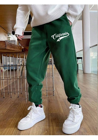 California Ca Eşofman Altı Jogger - Yeşil Baskılı Lastik Paça Yüksel Bel Yeşil