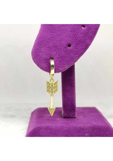 Ok Tek Gümüş Halka Küpe - Altın Sarı Beyaz